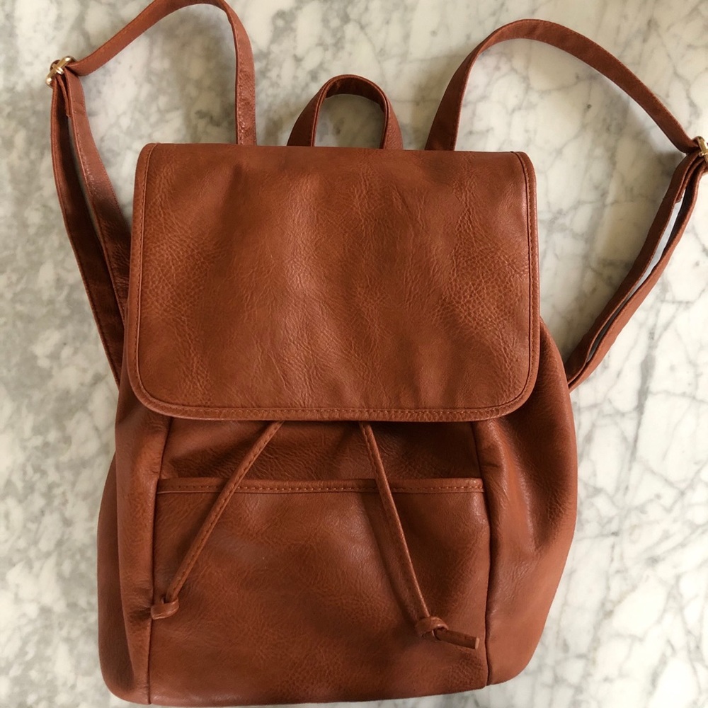 Cognac faux-leather backpack (madewell style)